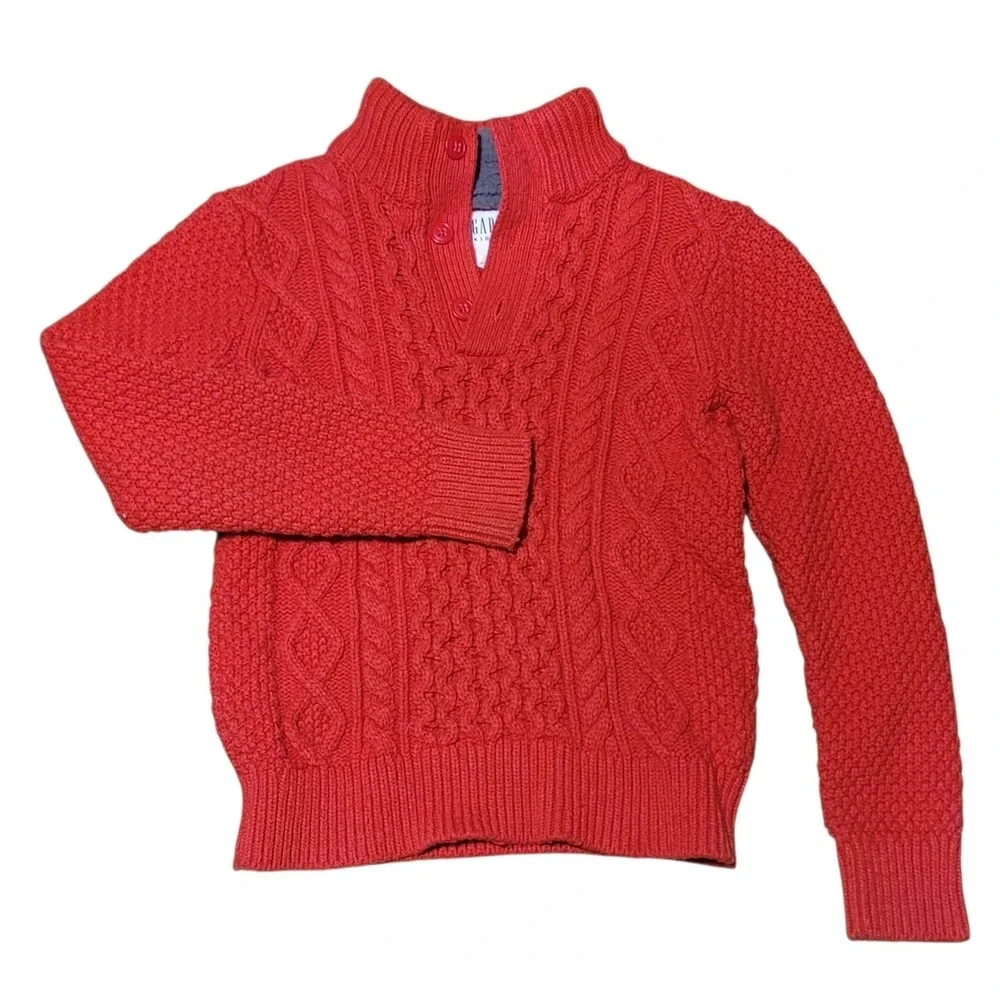 Gap Cable Knit Sweater Boys L (10) Button-Up Henley Collar Fisherman Red‎